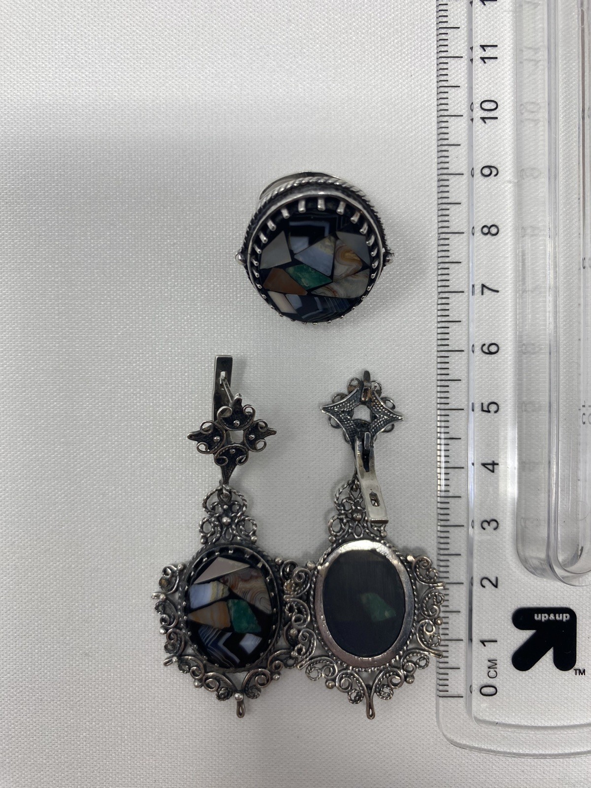 Vintage USSR 925 Sterling Silver Jewelry Set Ring & Earrings Mosaic Stone Video