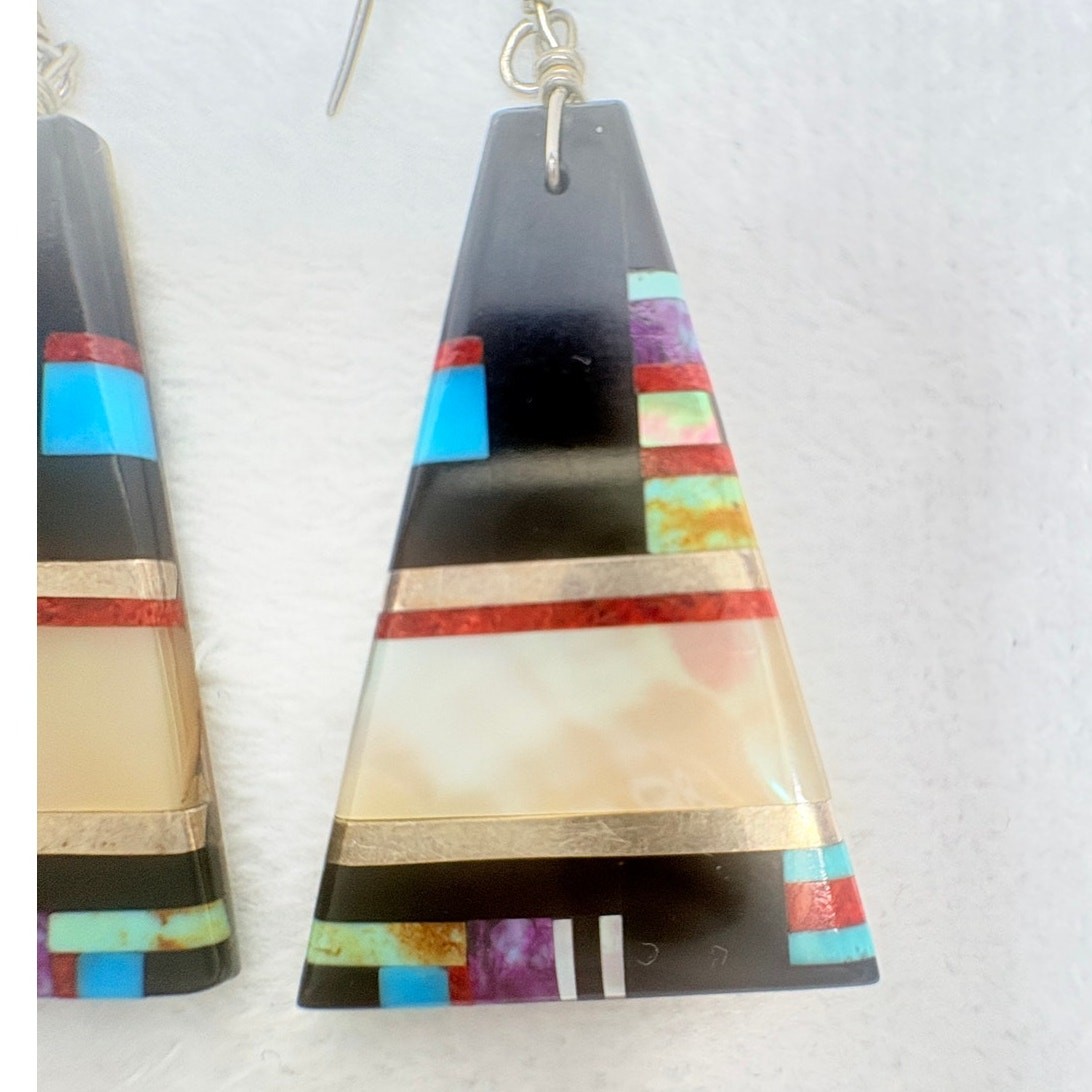 Artisan Inlay Earrings Turquoise Coral Spiny Oyster Onyx MOP on Shell Backplate