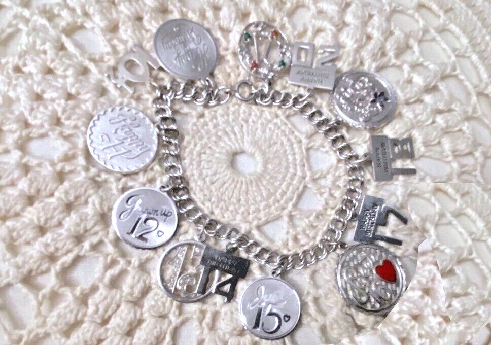 SWEET! Estate 60s-80s ster 13-CHARM BRACELET (ages 10-21) HAPPY BIRTHDAY CHARMS