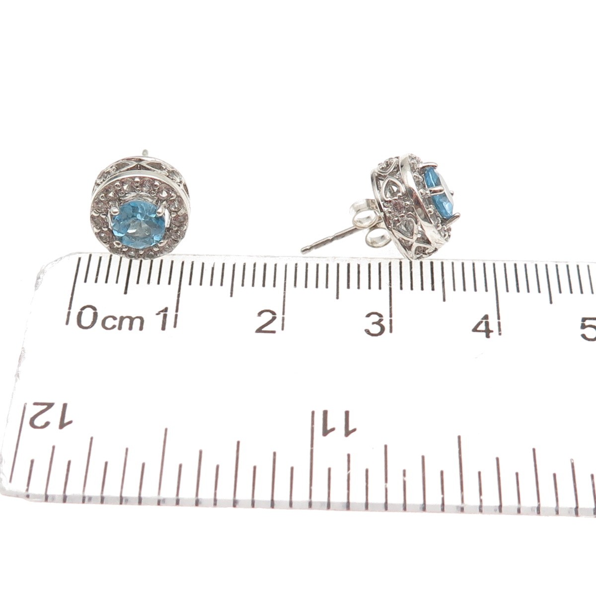 925 Sterling Silver Vintage Real Round-Cut Blue & White Topaz Stud Earrings