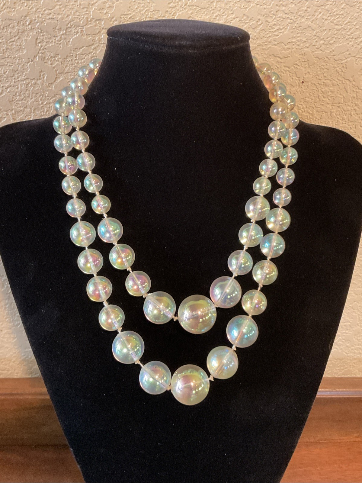 Vintage 18” Clear Iridescent Beaded Necklace Graduated Round Double Strands