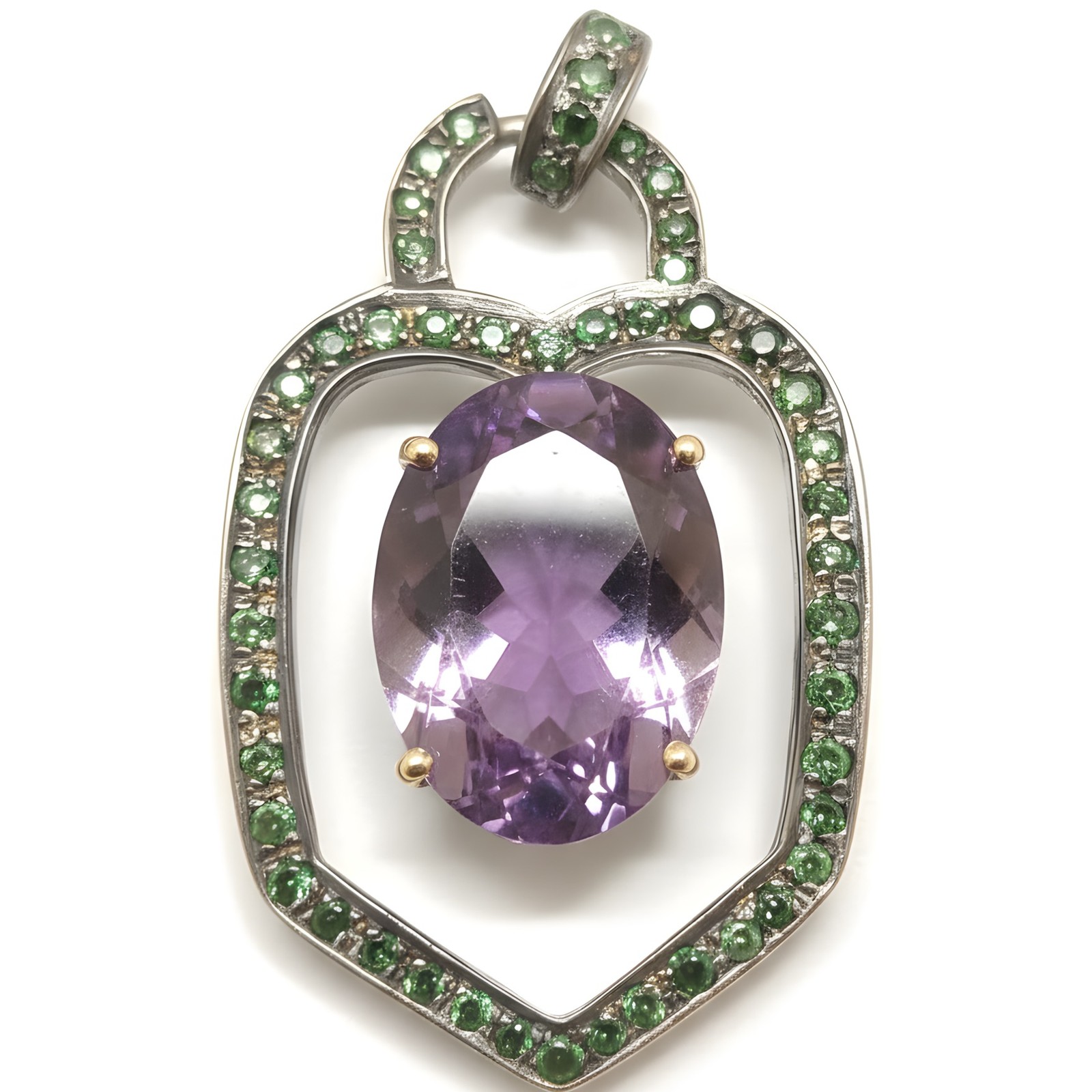 Victorian 22.5 Ct Statement Amethyst & Tsavorite Pendant in 14k Gold & Silver