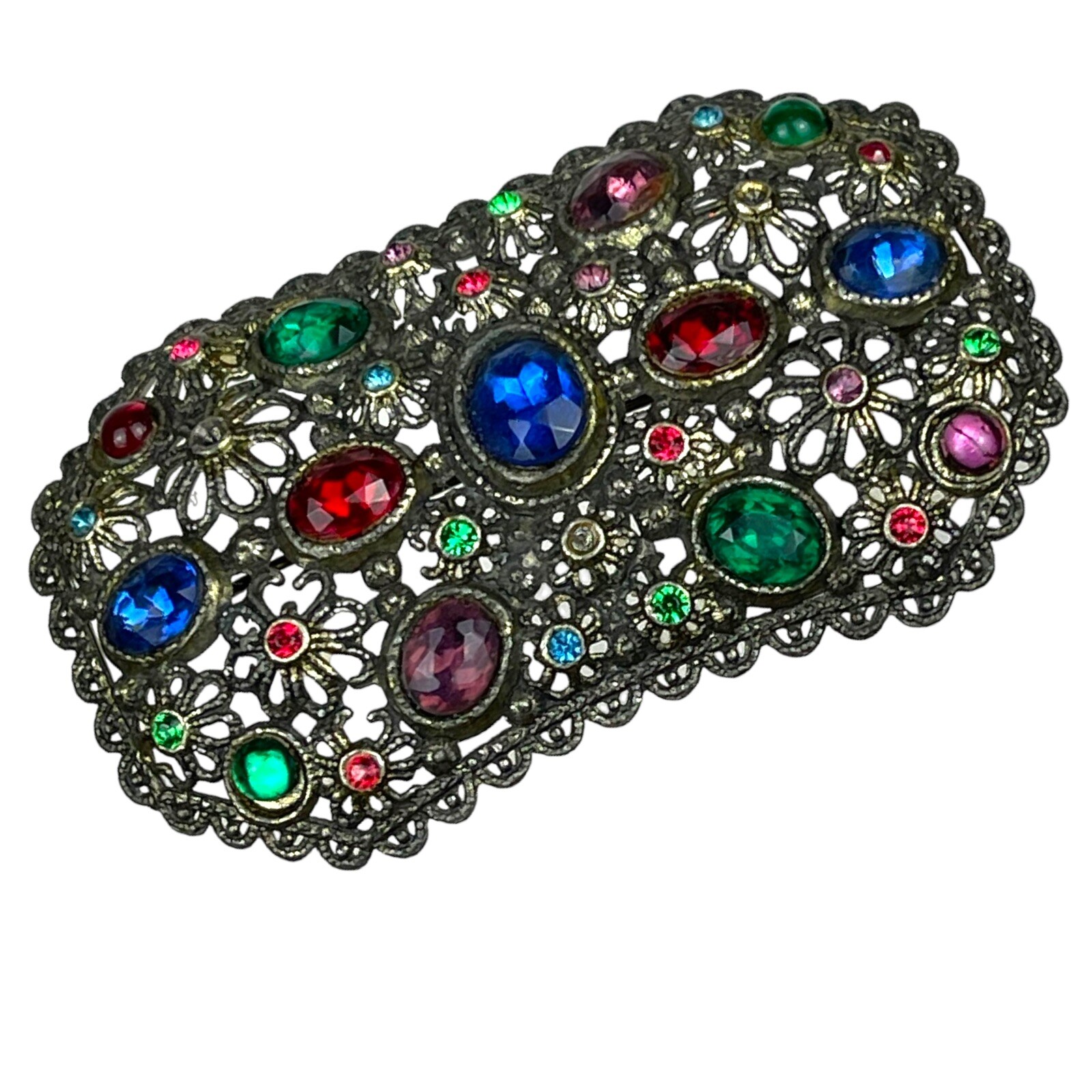 Estate Brooch New England Glass Works Vibrant Colors Faceted Stones Vtg 3” Pin