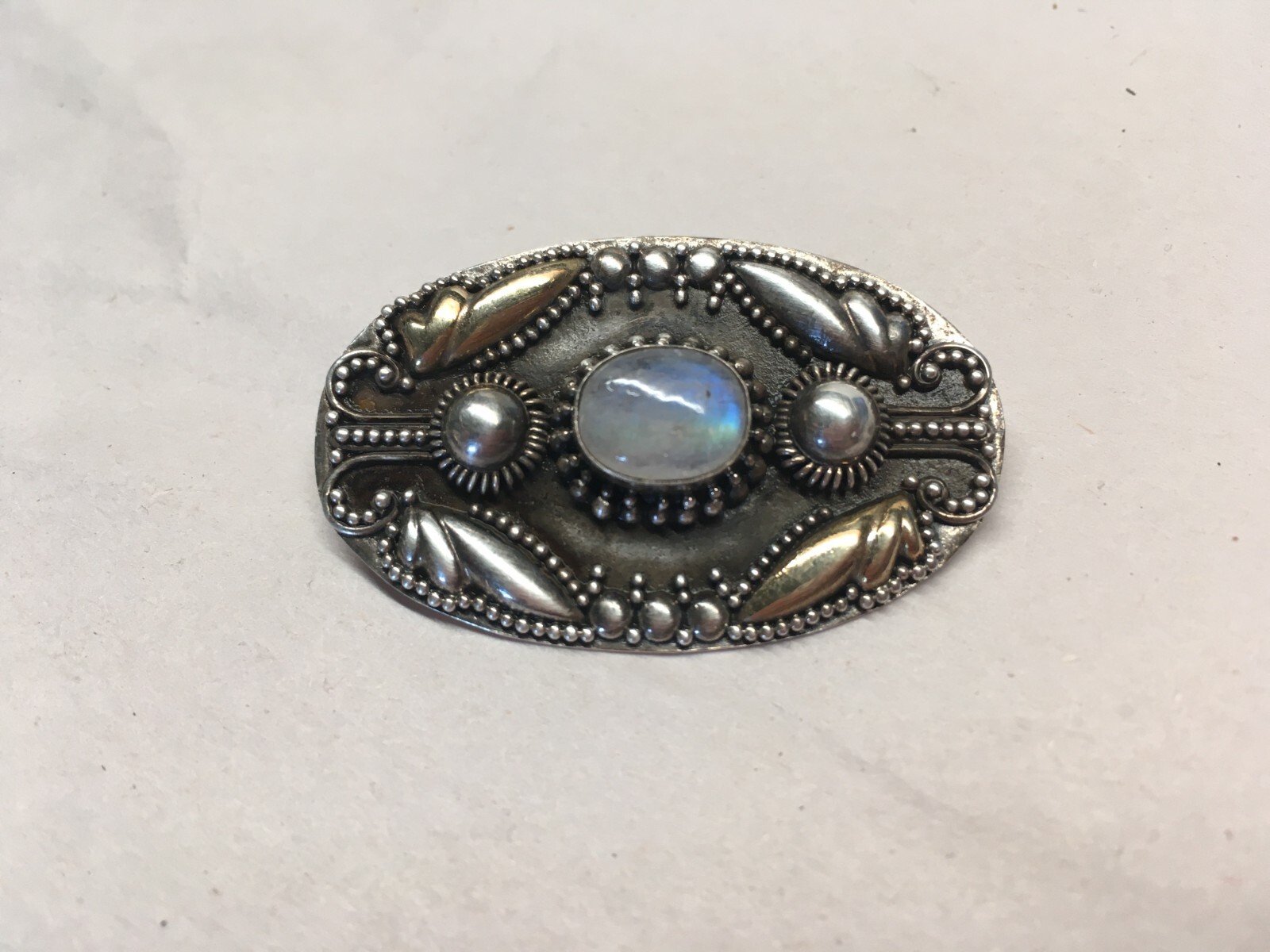 925 Sterling Silver Gold Wash 2 Tone Moonstone Brooch 1-5/8”
