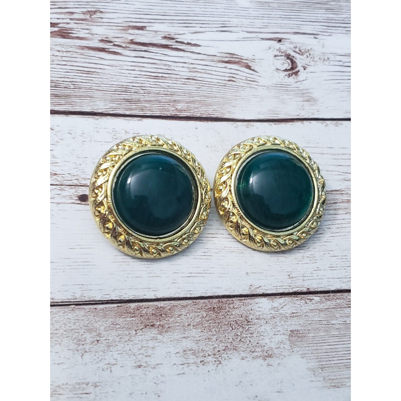 Vintage Clip On Earrings Dark Green Center with Gold Tone Halo Statement