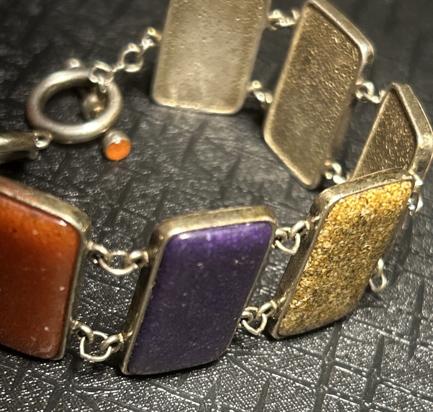 VTG Sterling Silver Multi Natural Crushed Gemstone Panel Bracelet Rectangle 925