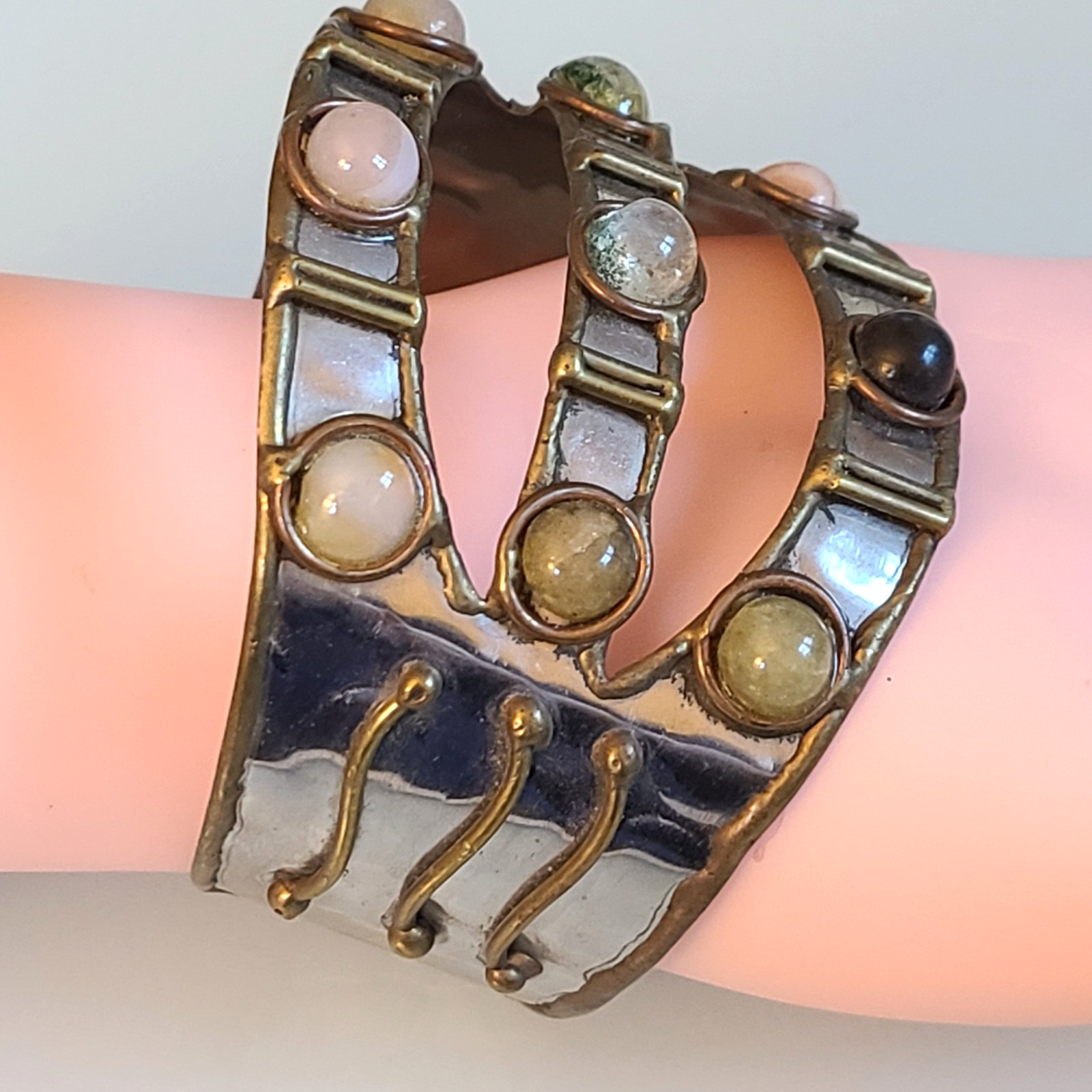 VTG Brutalist Mixed Metal Cuff Bracelet 2″ Wide Artisan Multi-Gem Statement