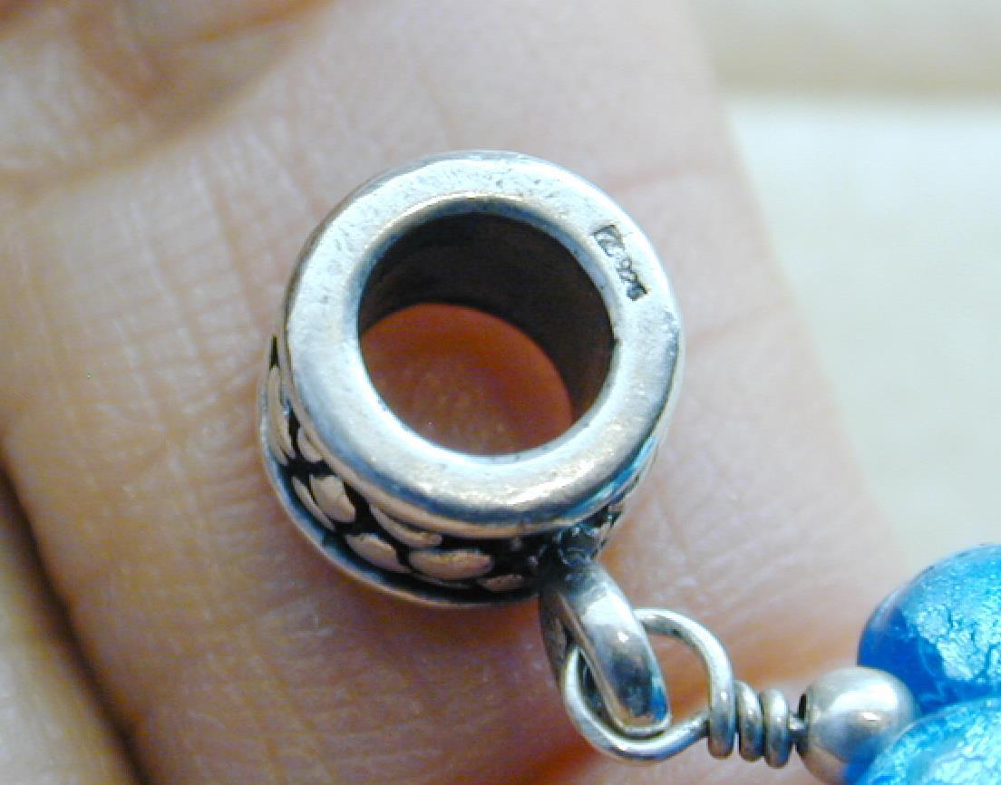 European Charm Sterling Murano Blue Silver Flecks Dangling Glass Heart
