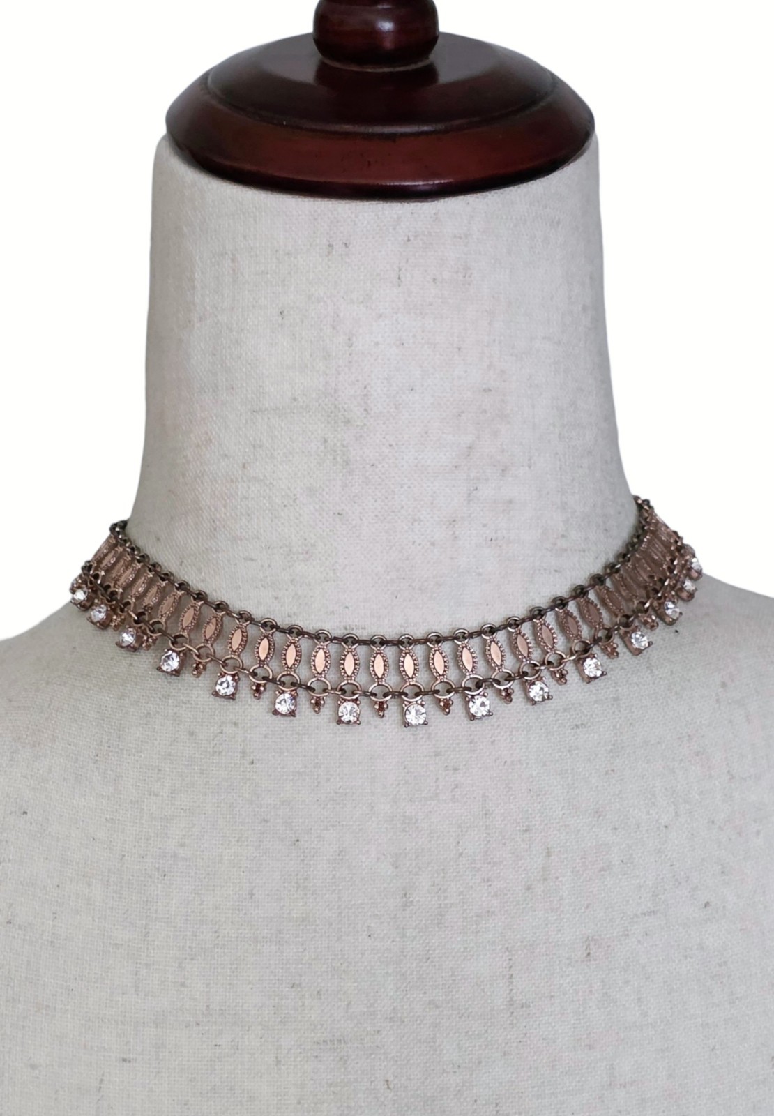 Vintage Copper Rhinestone Choker Fringe Statement Necklace