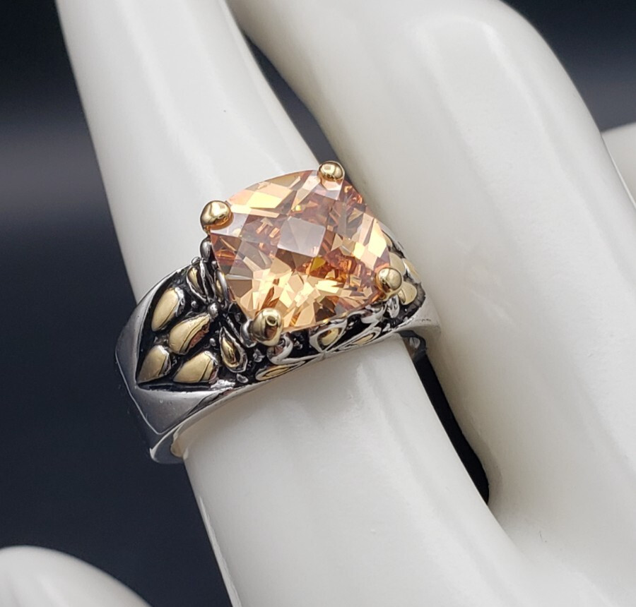 Vintage 18K White Gold Plated Cushion Cut Champagne CZ Floral Ring Size 7.75