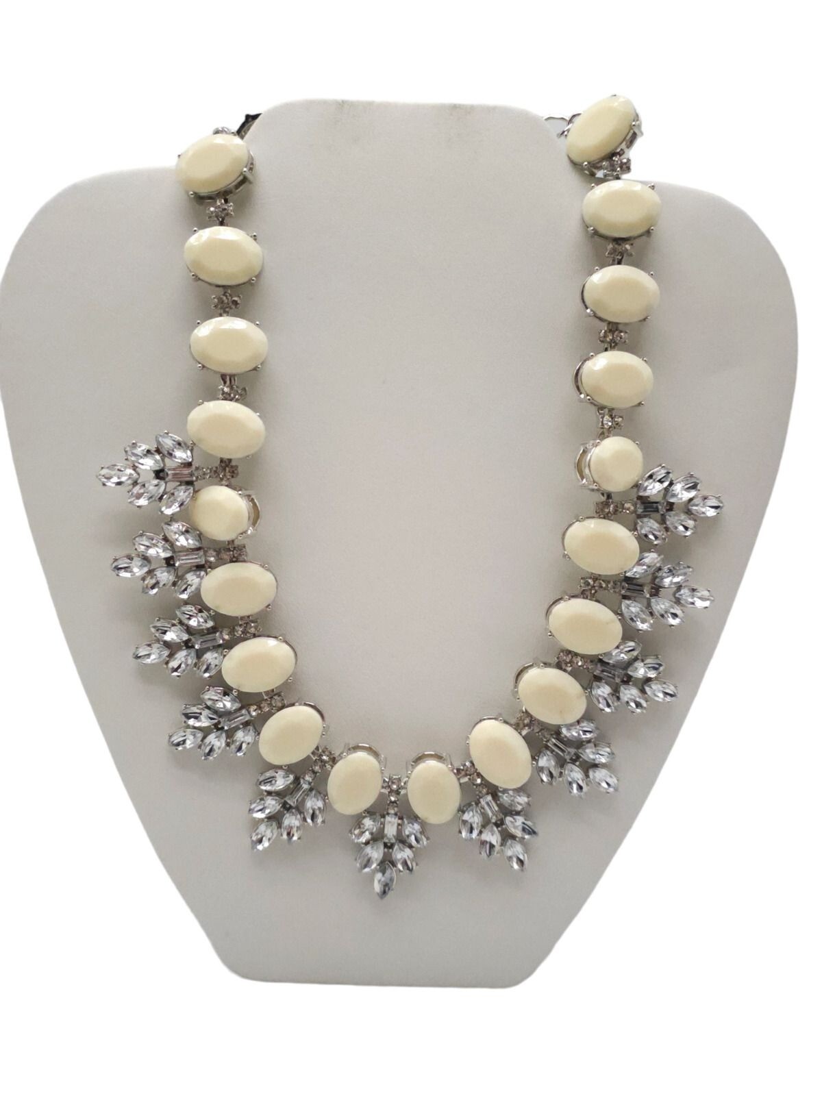 Cream Acrylic Marquise Crystal Statement Necklace Silver Tone Vintage