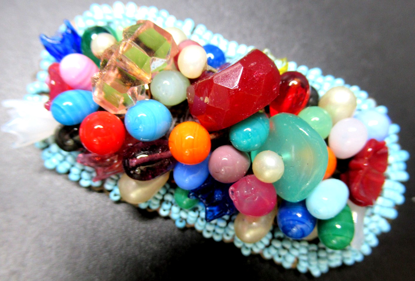CZECH Amazing Colorful Glass Bead & Flowers Vintage Pin Brooch