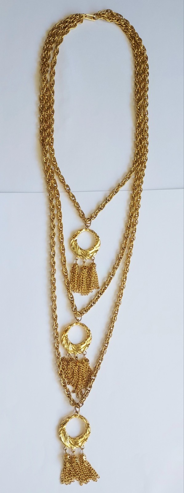 Vintage Multi Strand Festoon Tassel Necklace Circle Pendant Gold Tone Statement