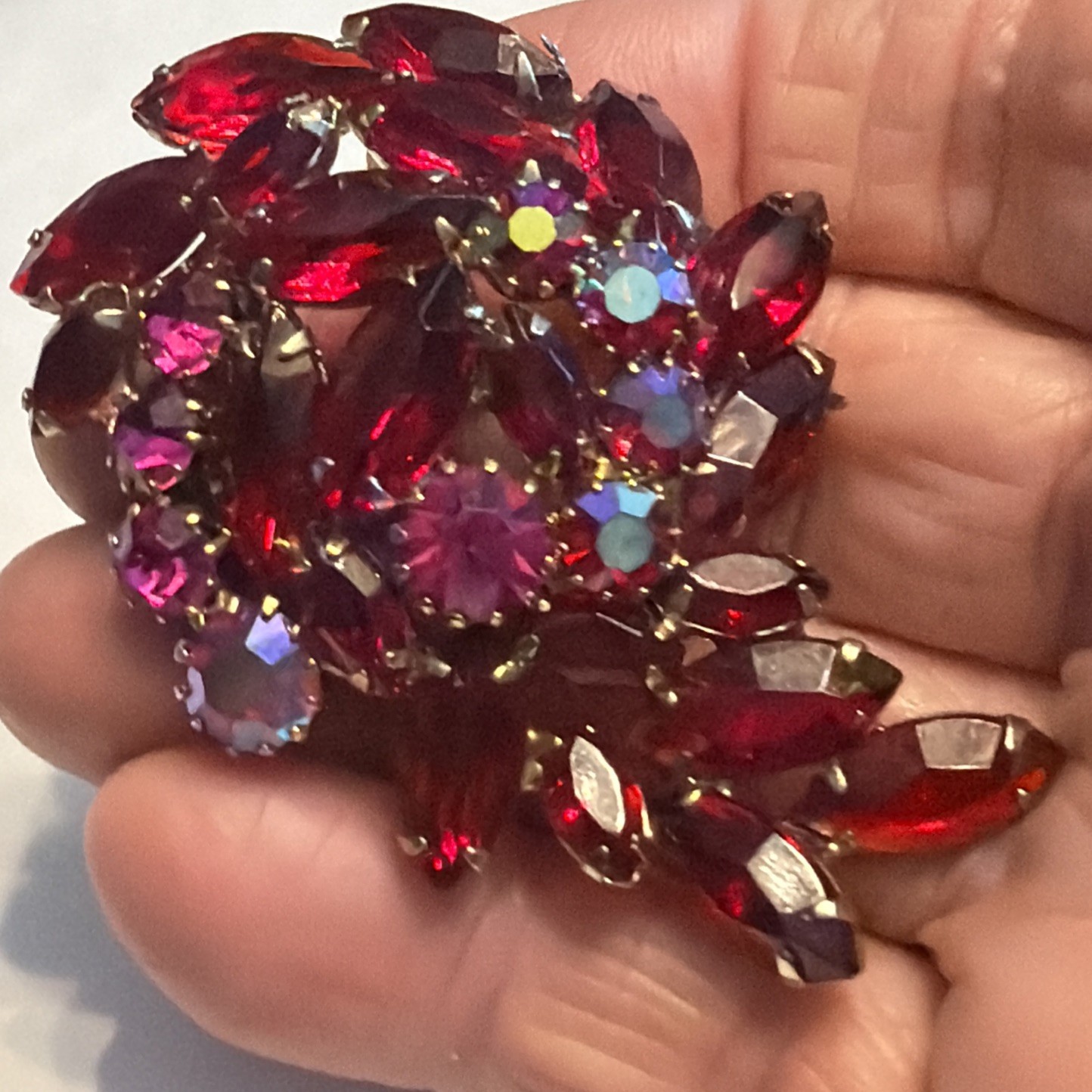 Stunning Vintage Juliana ? Flower Brooch Red Navettes AB Pink Rhinestones K15
