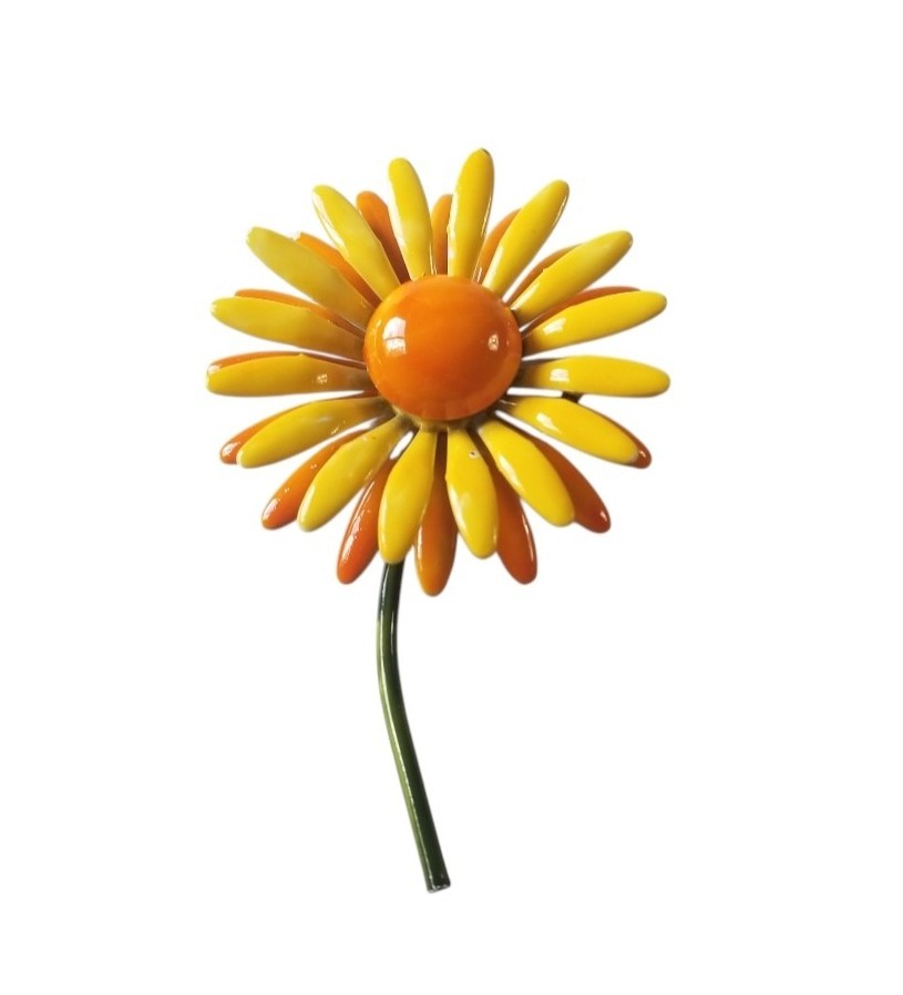Vintage 1960’s Yellow And Orange Enamel Flower Power Brooch Daisy Mod Layered