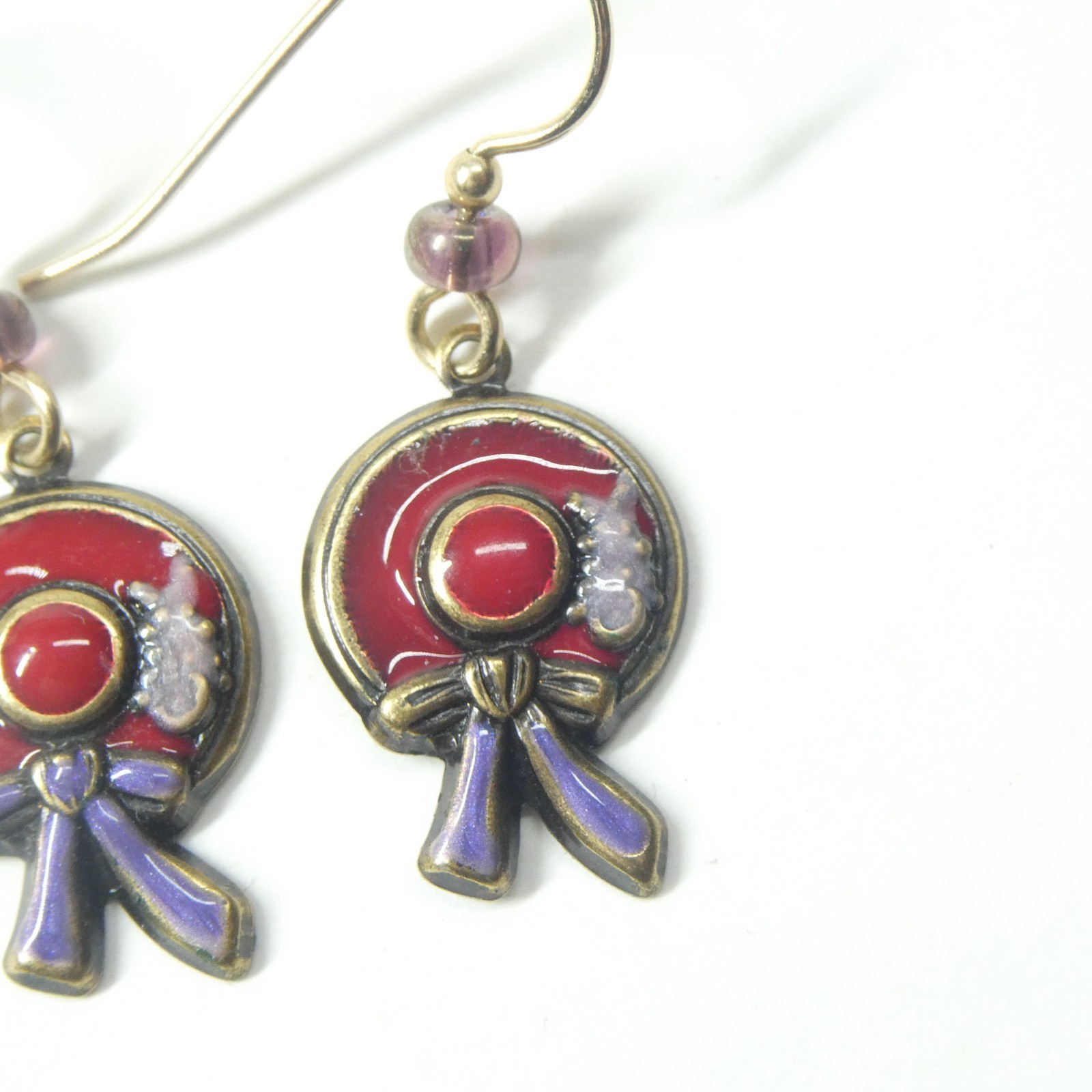 Red Hat Society Enamel Dangle Earrings w/Purple Ribbon