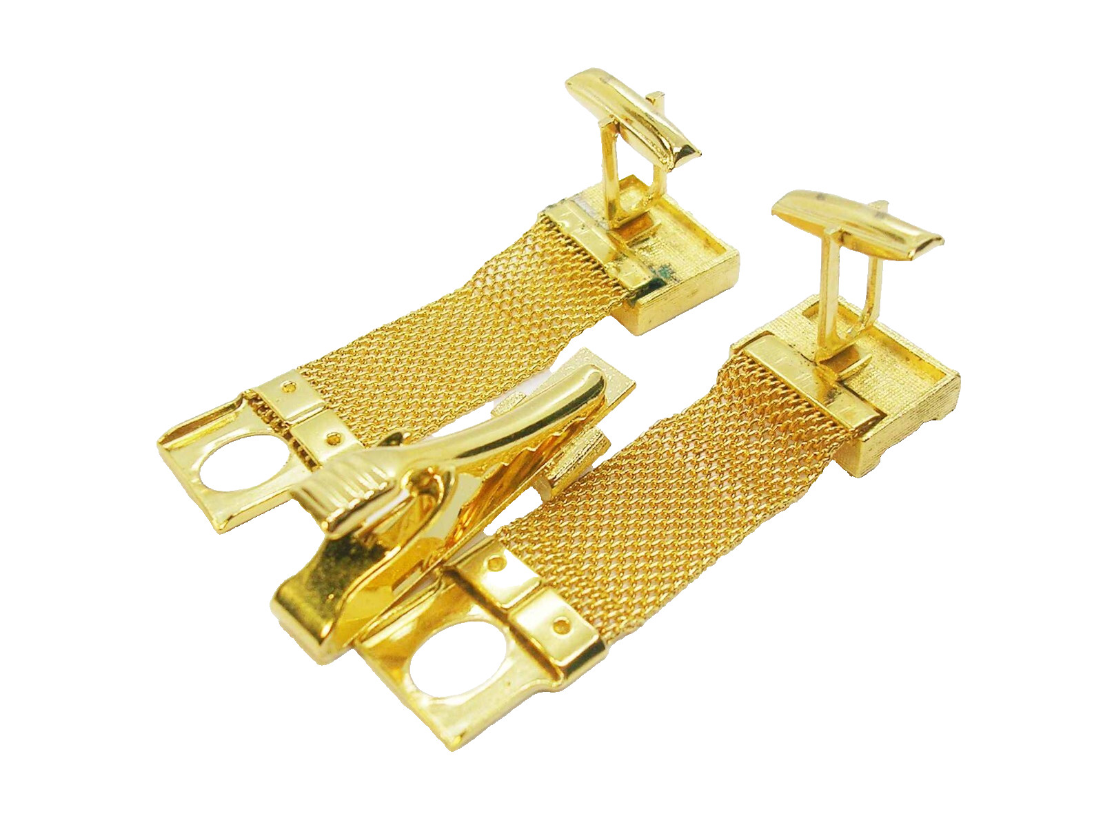 Vintage Cuff Links Tie Clip Set gold tone Mesh Wrap Formal Wear Suit Accessory