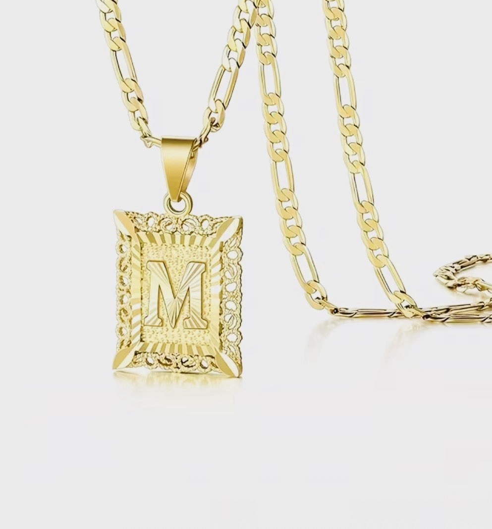 18 Gold Plated ‘M’ Pendant Necklace w/vintage-style sunburst & filigree detail.