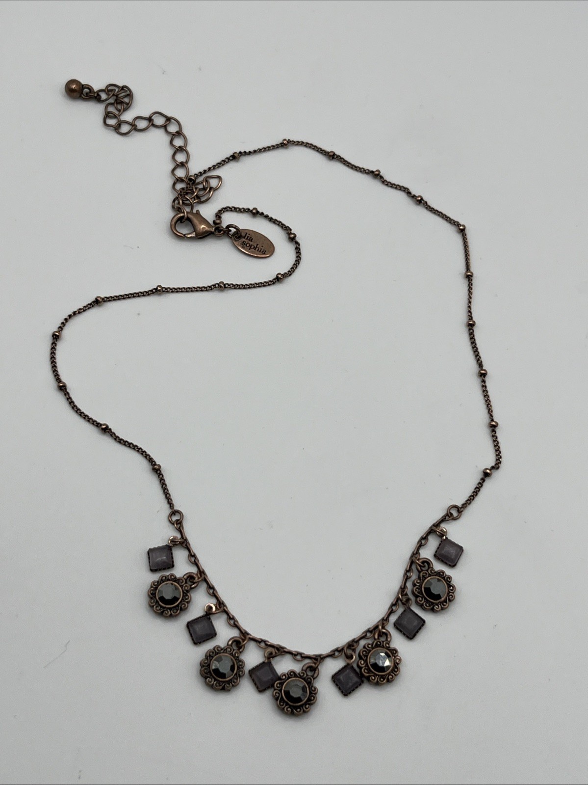 Lia Sophia Demure Copper Tone Rhinestone Dangle Charm Necklace Dainty Feminine