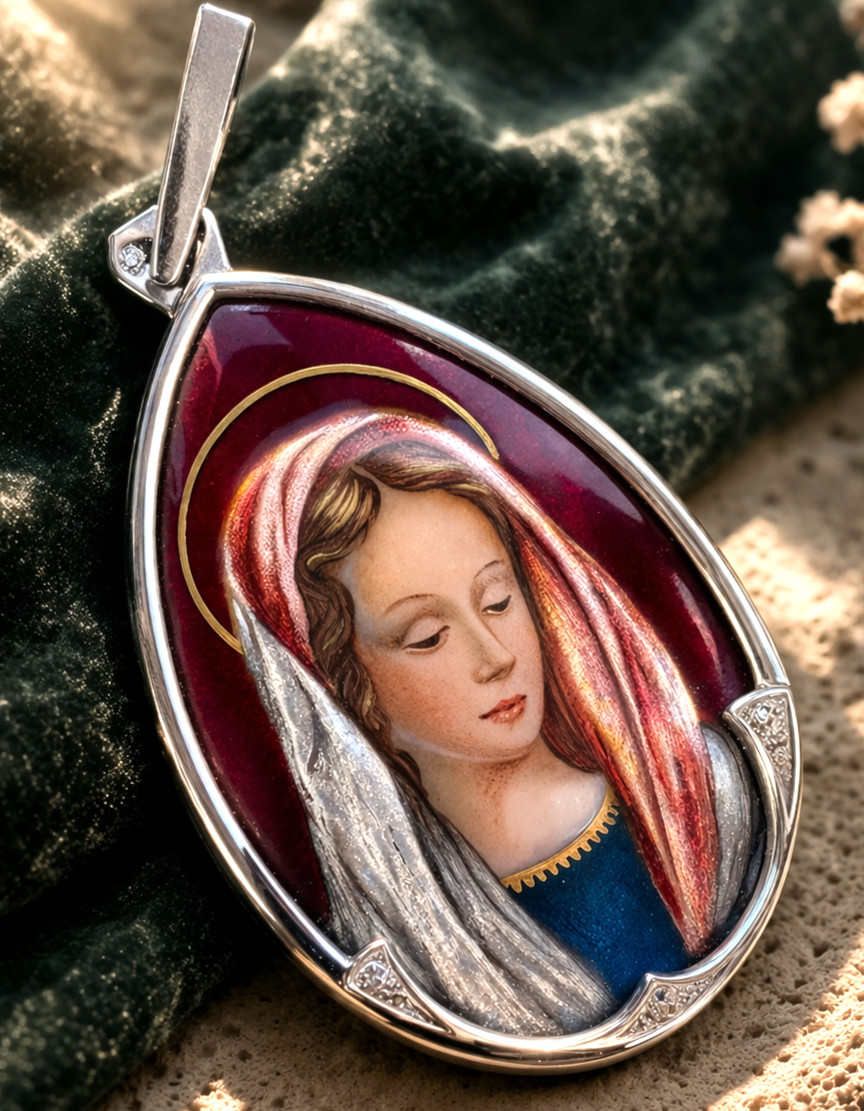 Fine Antique Art Nouvea 18K 18CT Gold Enamel Virgen Mary Medal Pendant Ca XIX