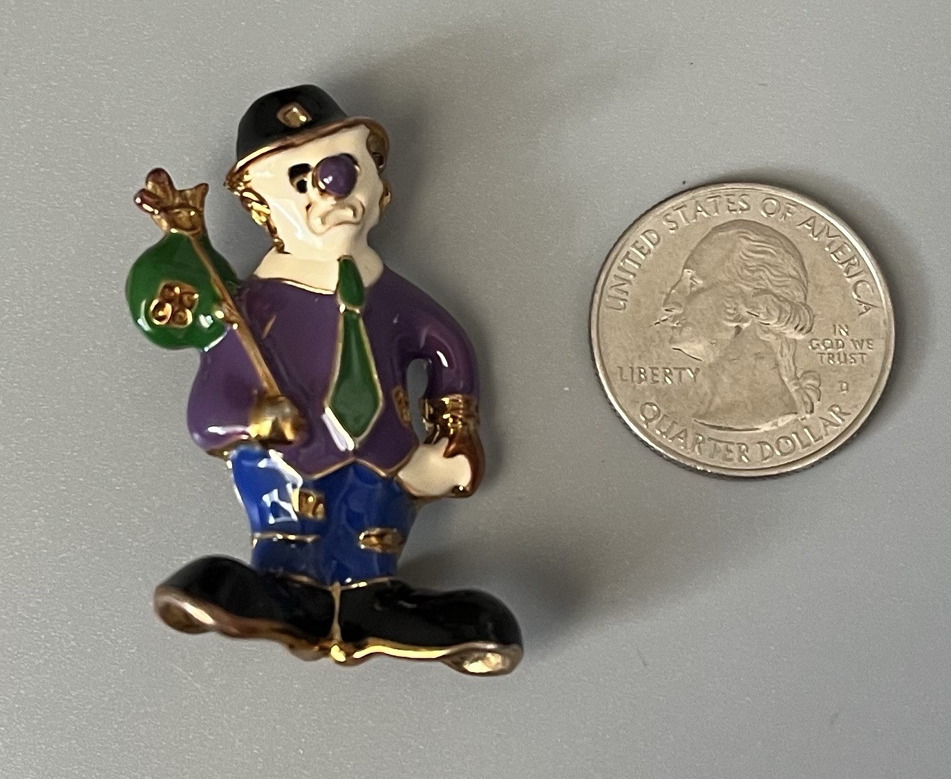 VTG Hobo Clown Brooch Gold Tone Metal Purple-Green-Blue-Black-White 2” Sad Face