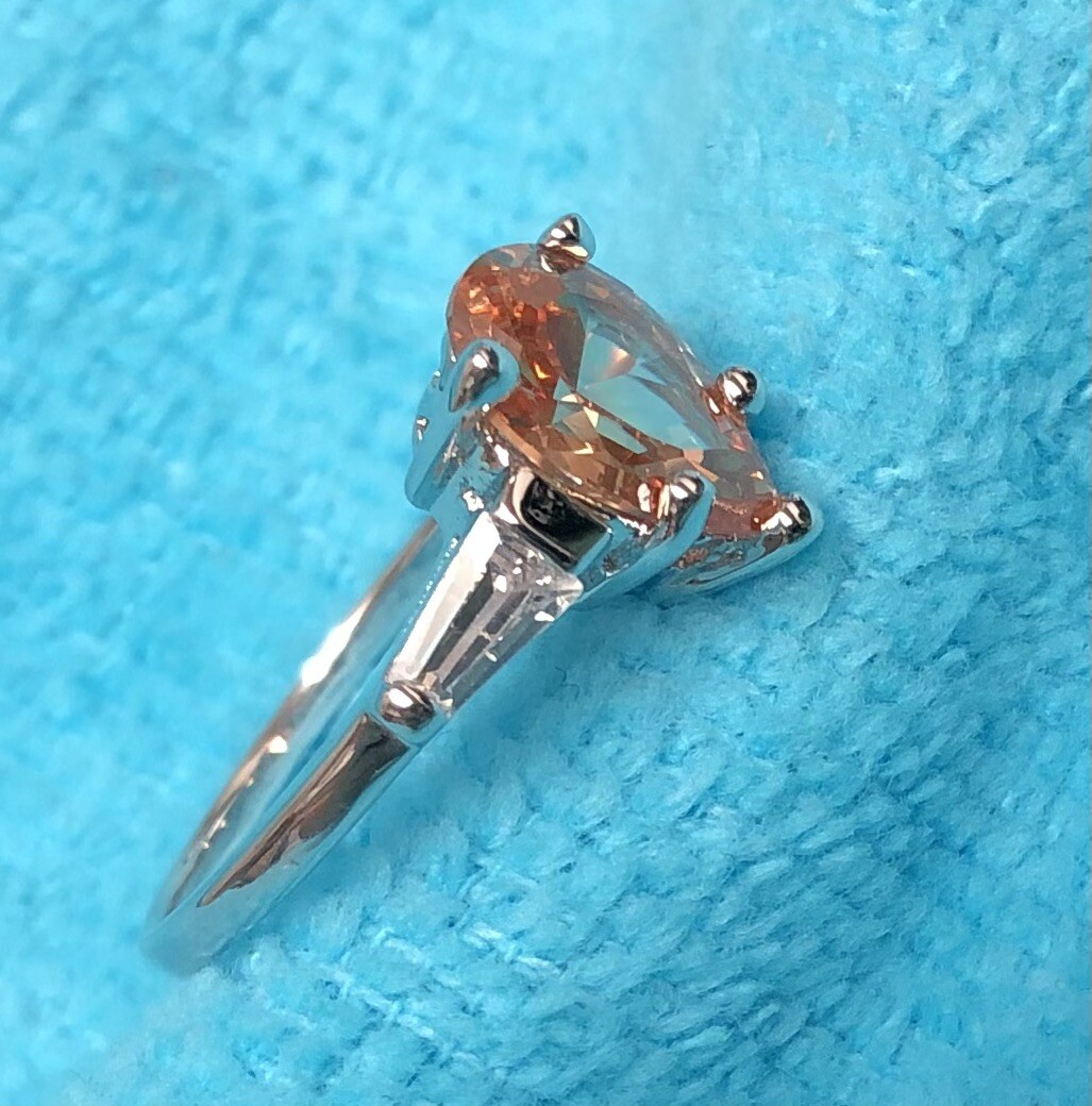 Sterling Silver – Amber Citrine Color Pear Shape Cubic Zirconia Shiny Band Ring