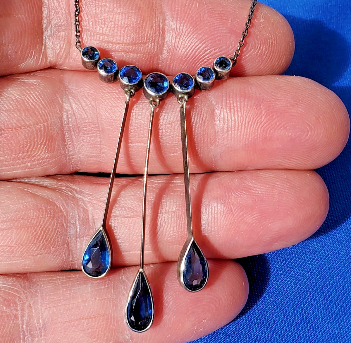 Original STERLING SILVER 925 Deco Modernist Rare Necklace Vintage Sapphire Paste