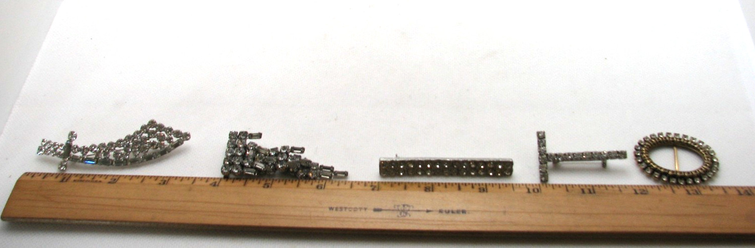 Vintage Lot of 4 Clear Rhinestone Brooch Pins & 1 Buckle/Slide