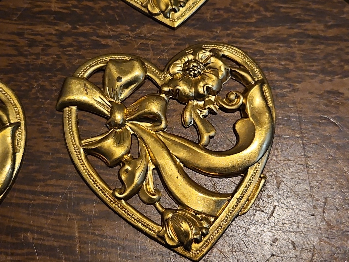 Lot Of 10 Hearts W Flower France Vintage 60s Brass Stampings Findings Jewelry