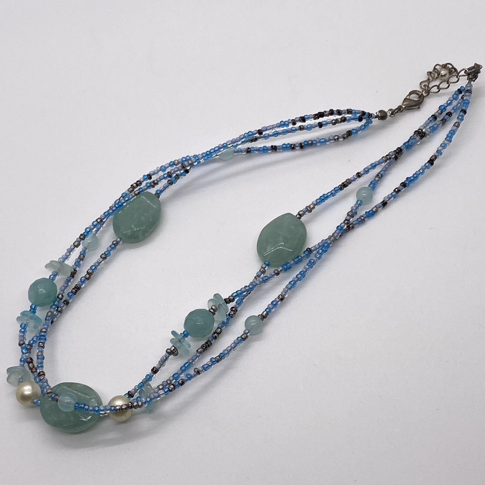 3 Strand Light Blue Glass Bead Necklace Teal Turquoise Beach Casual Handmade 15”