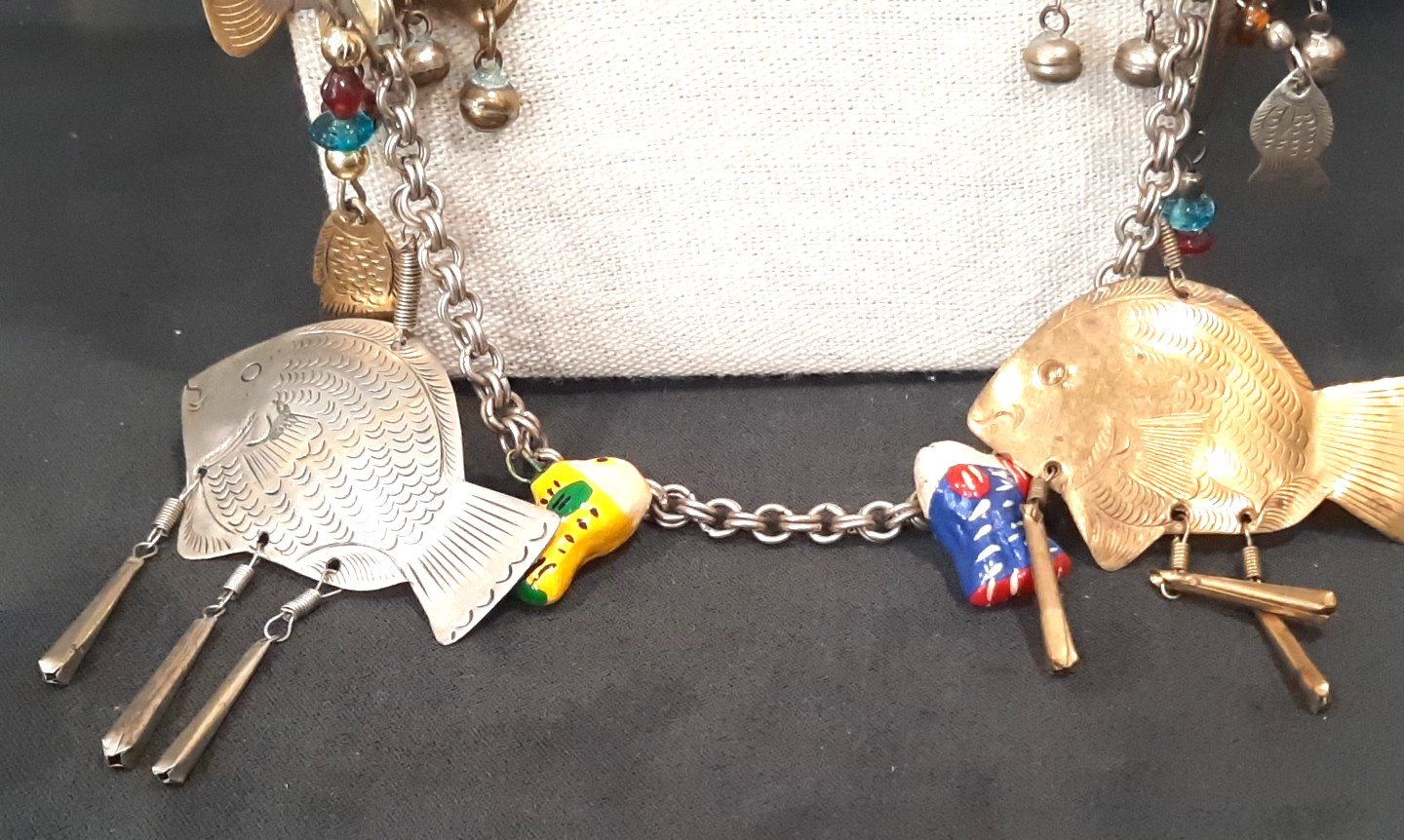 Vintage Eclectic Charm Necklace Fish Star Beads Mixed Metal 28” Long