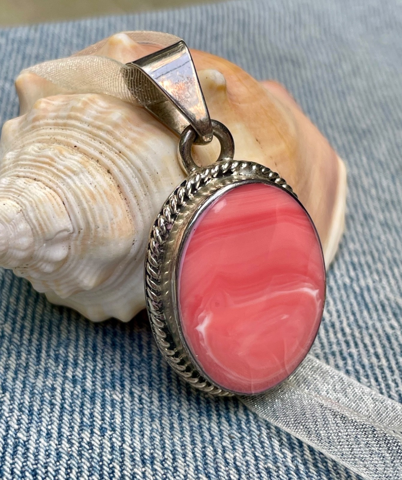 🎥 2″ Beach Peach Pink Spiny Oyster Sterling Silver Mexico Pendant Orange Vtg