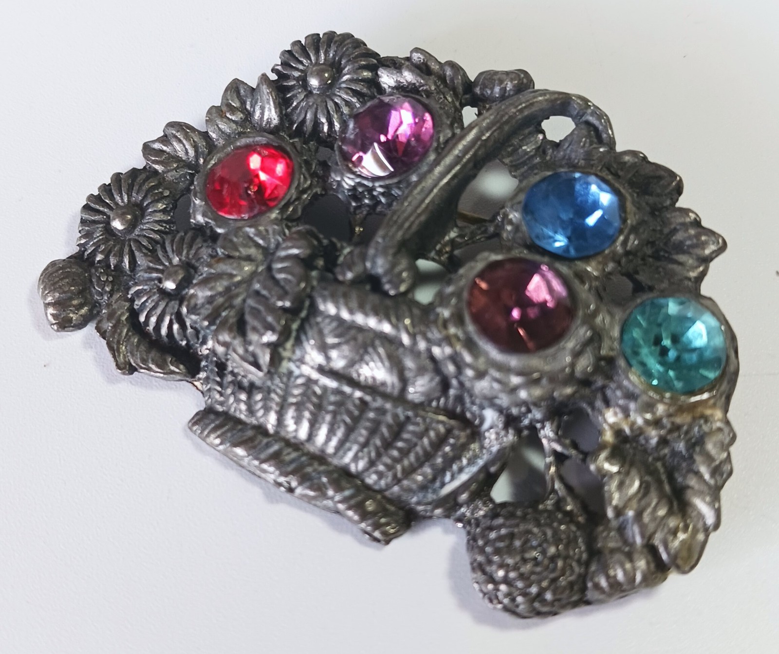 Vintage Dark Silver Flower Basket Brooch w Large Red, Purple, Blue Glass? Stones