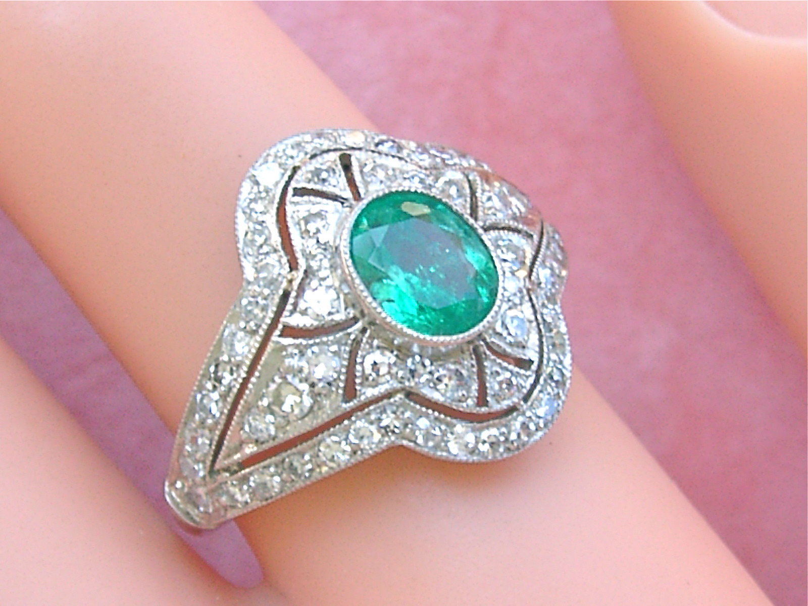 ART DECO .80 ct OVAL EMERALD 1.20 ctw DIAMOND PLATINUM RIGHT-HAND COCKTAIL RING