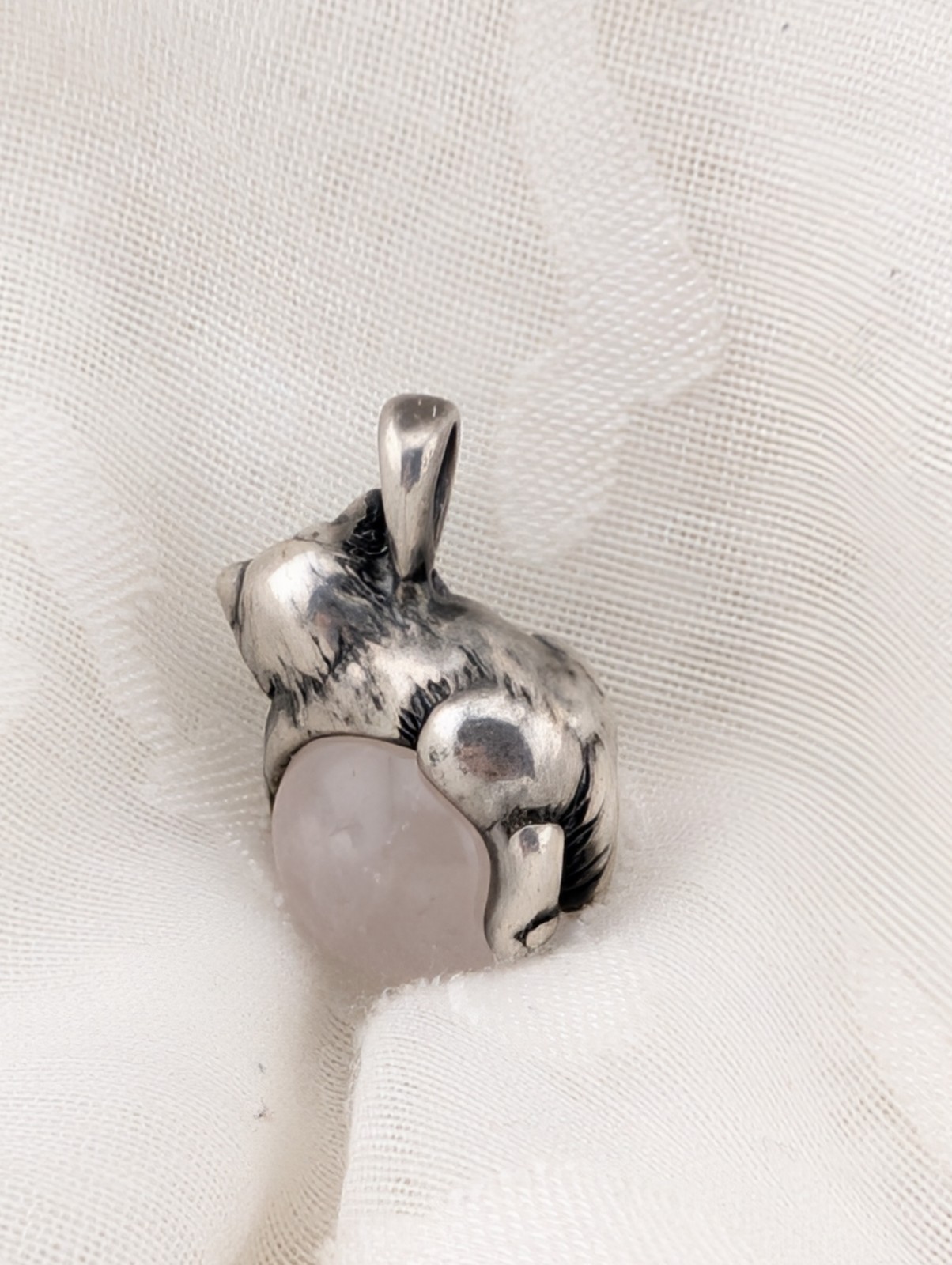 Vintage Sterling Silver Cat Rose Quartz Orb Ball Pendant 1″