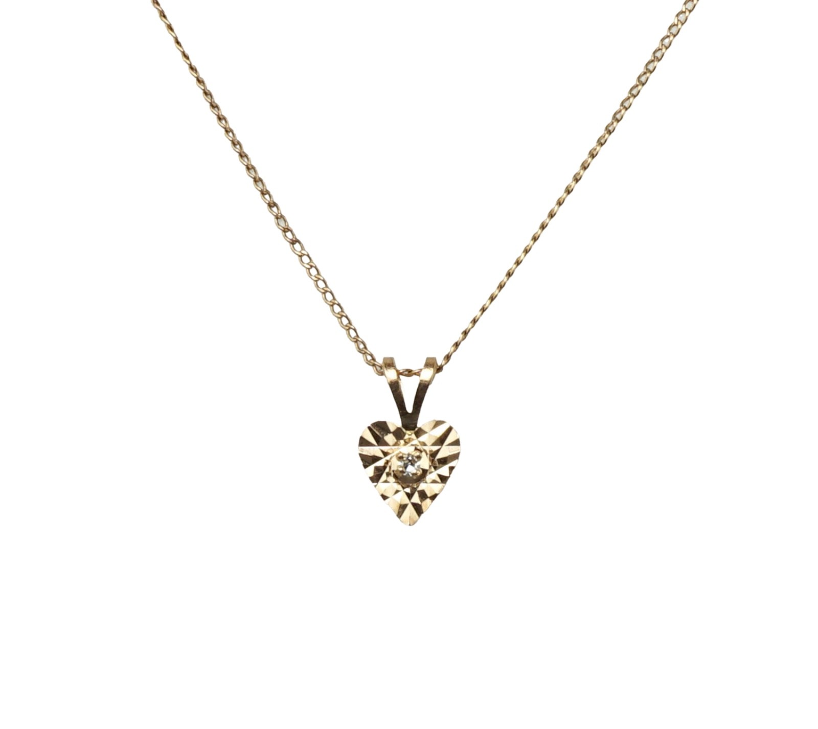 14K Yellow Gold Small Dainty Reflective Heart with Natural Center Diamond