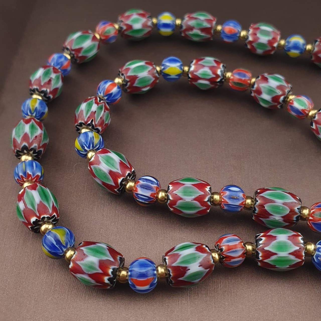 Vintage Venetian Style Multicolor Chevron Glass Beaded Necklace | 24in 8.7–39mm