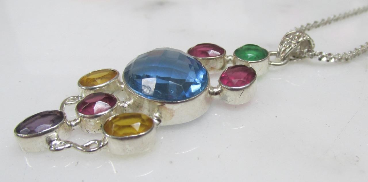 Gorgeous Sterling Silver Multicolor Stone Pendant w/ 22″ Chain ~ 17.5g ~ 9-I851
