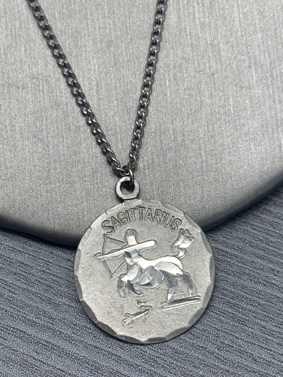 Vintage Pewter BDA Zodiac astrology Sagittarius Engraved Pendant Necklace 18”