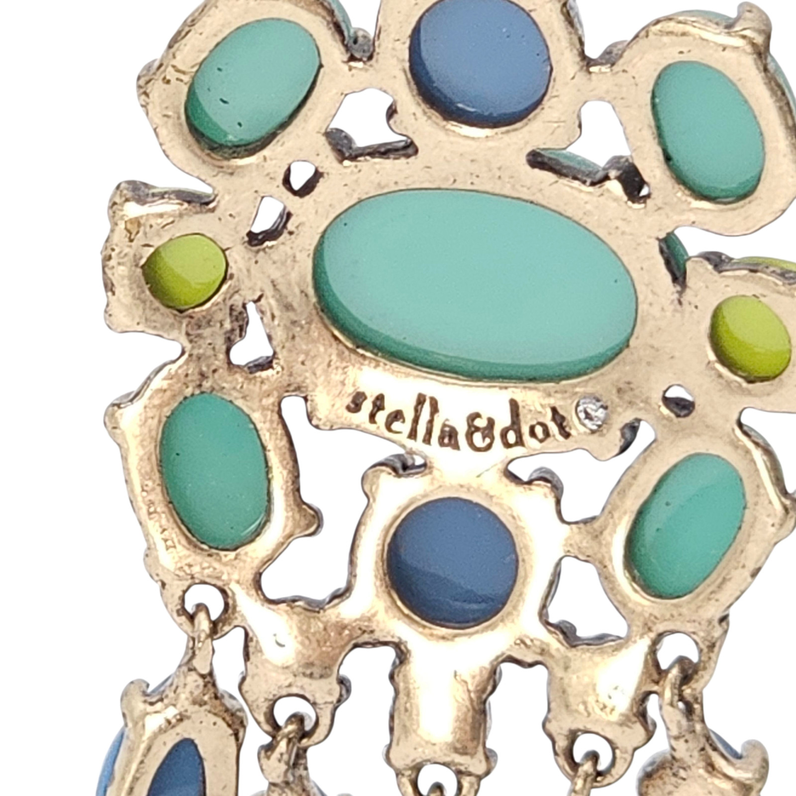 Stella & Dot Chandelier Dangle Earrings Lime Sea Green Turquoise Blue Signed