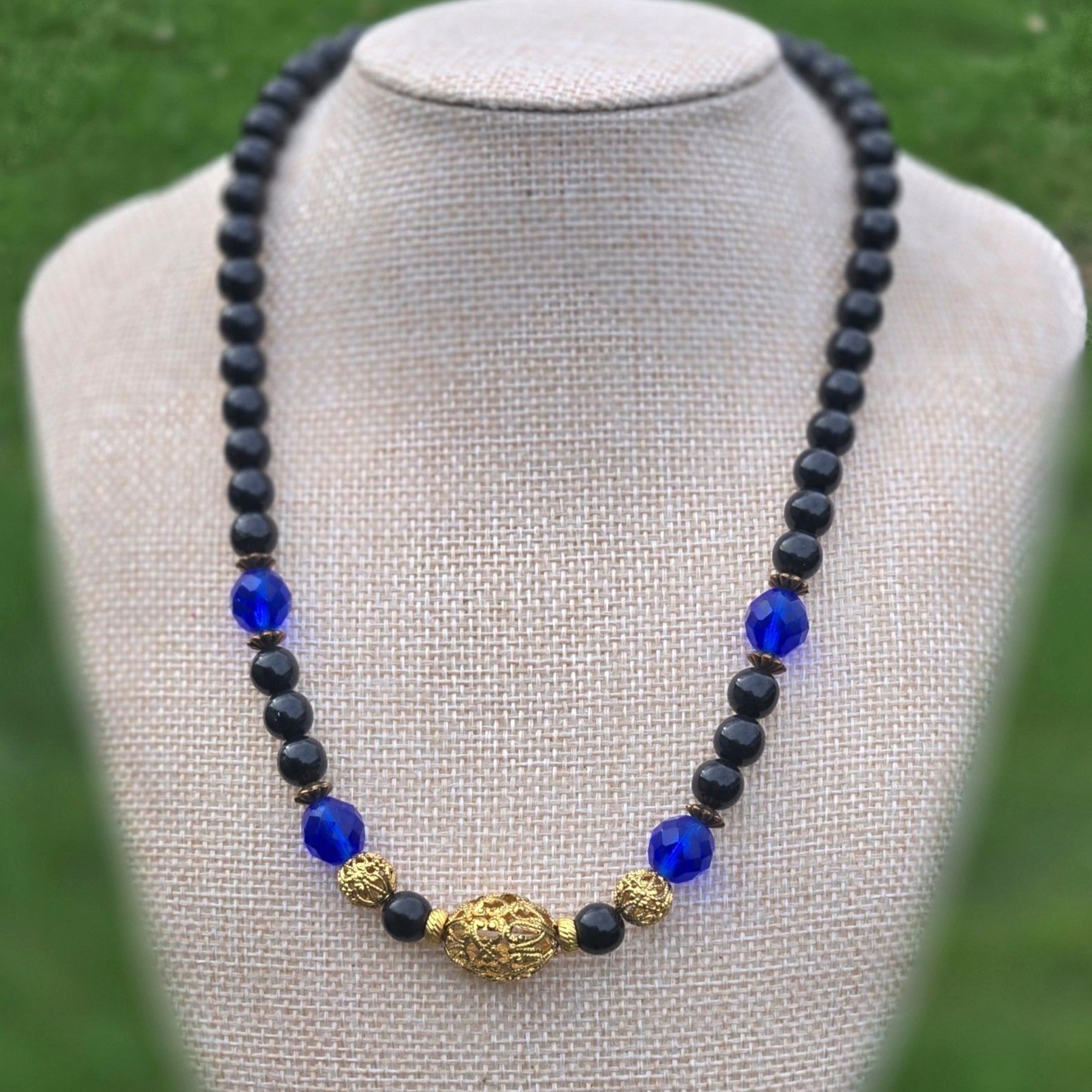 Vintage 1928 Necklace Black Blue Glass Beads Gold Tone Filigree Victorian style