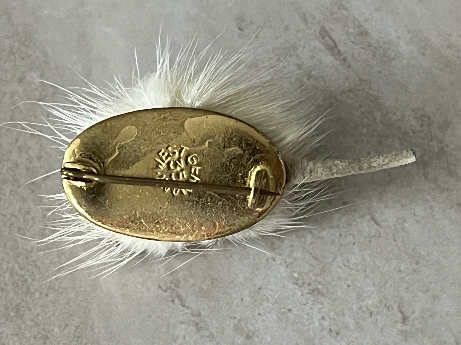 Vintage West Germany Signed Gold Tone White Faux(?) Fur Dog Brooch Pin