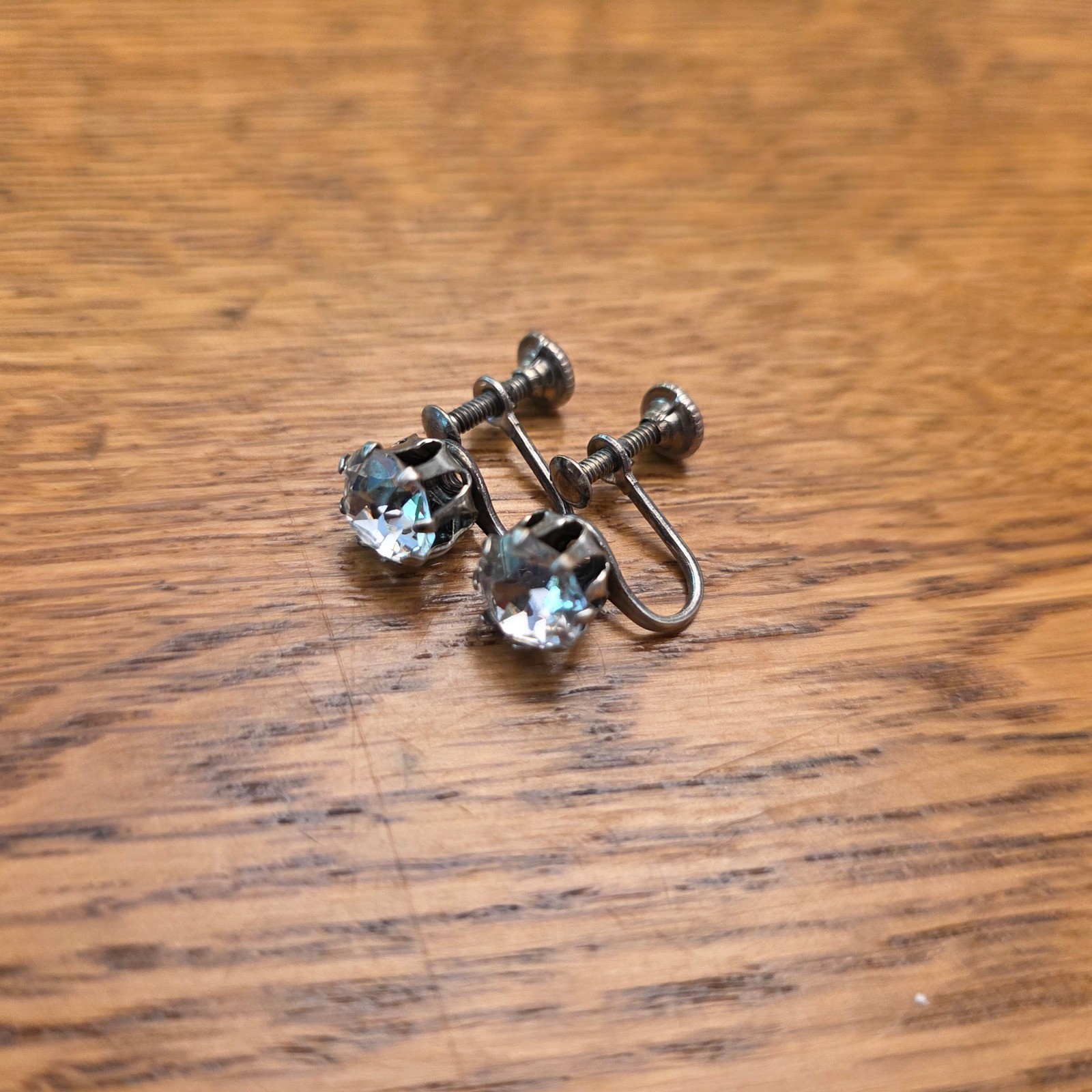 Vintage Silver Tone Clear Crystal Screw Back Earrings Round Solitaire 1950s Gift