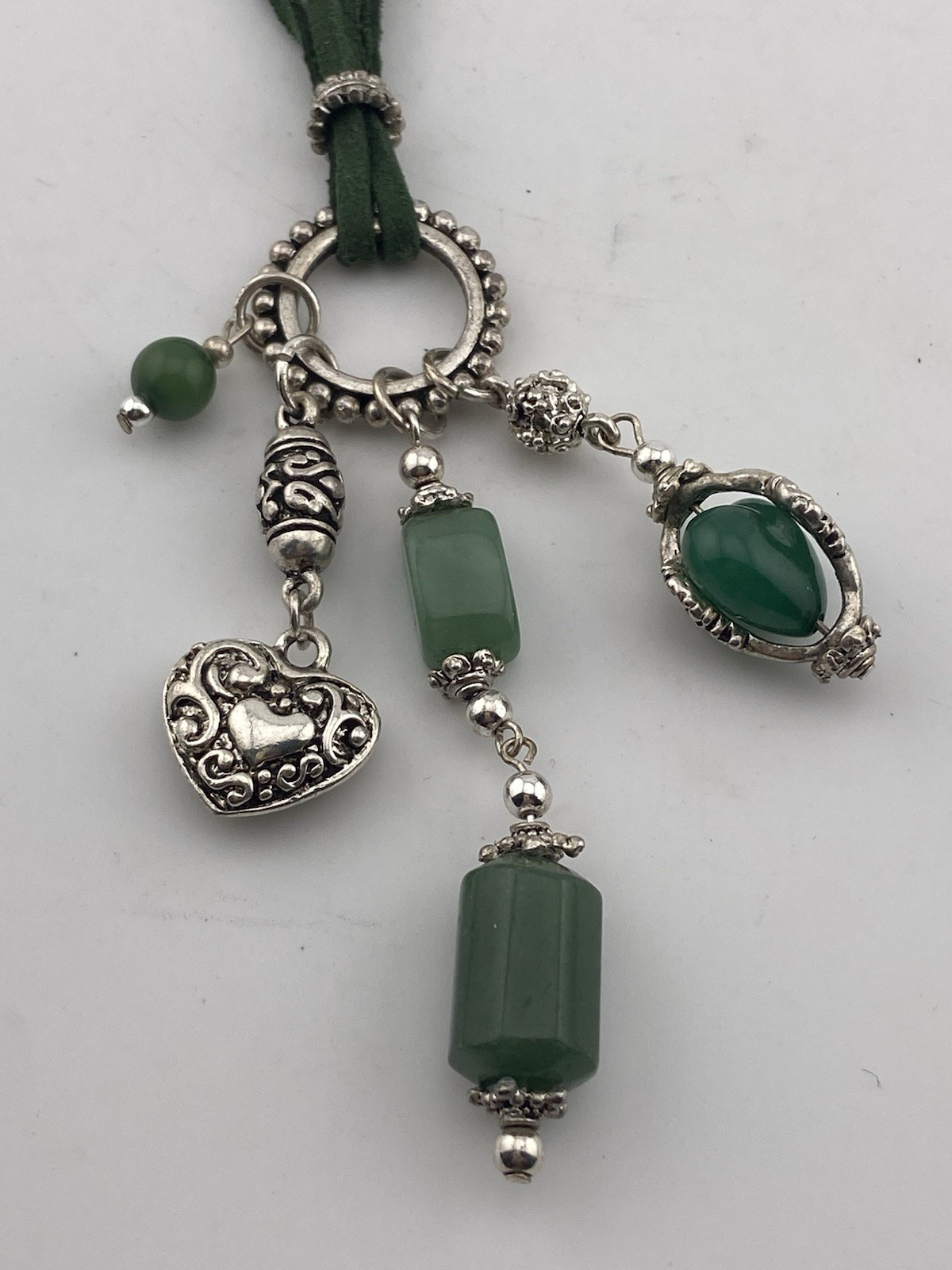 Mod Vtg Silver & Green Semi Precious Stone Tassel Necklace W/ Double Suede Cord