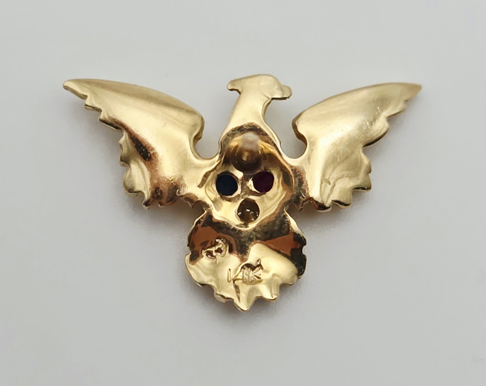 Vintage 14k GOLD Patriotic EAGLE w Ruby Sapphire & Diamond Tie Tack Pin