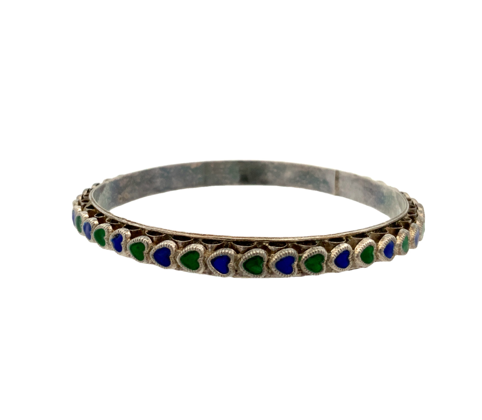 Vintage Sterling handmade Enamel Green and Blue Puff Heart Bangle Bracelet
