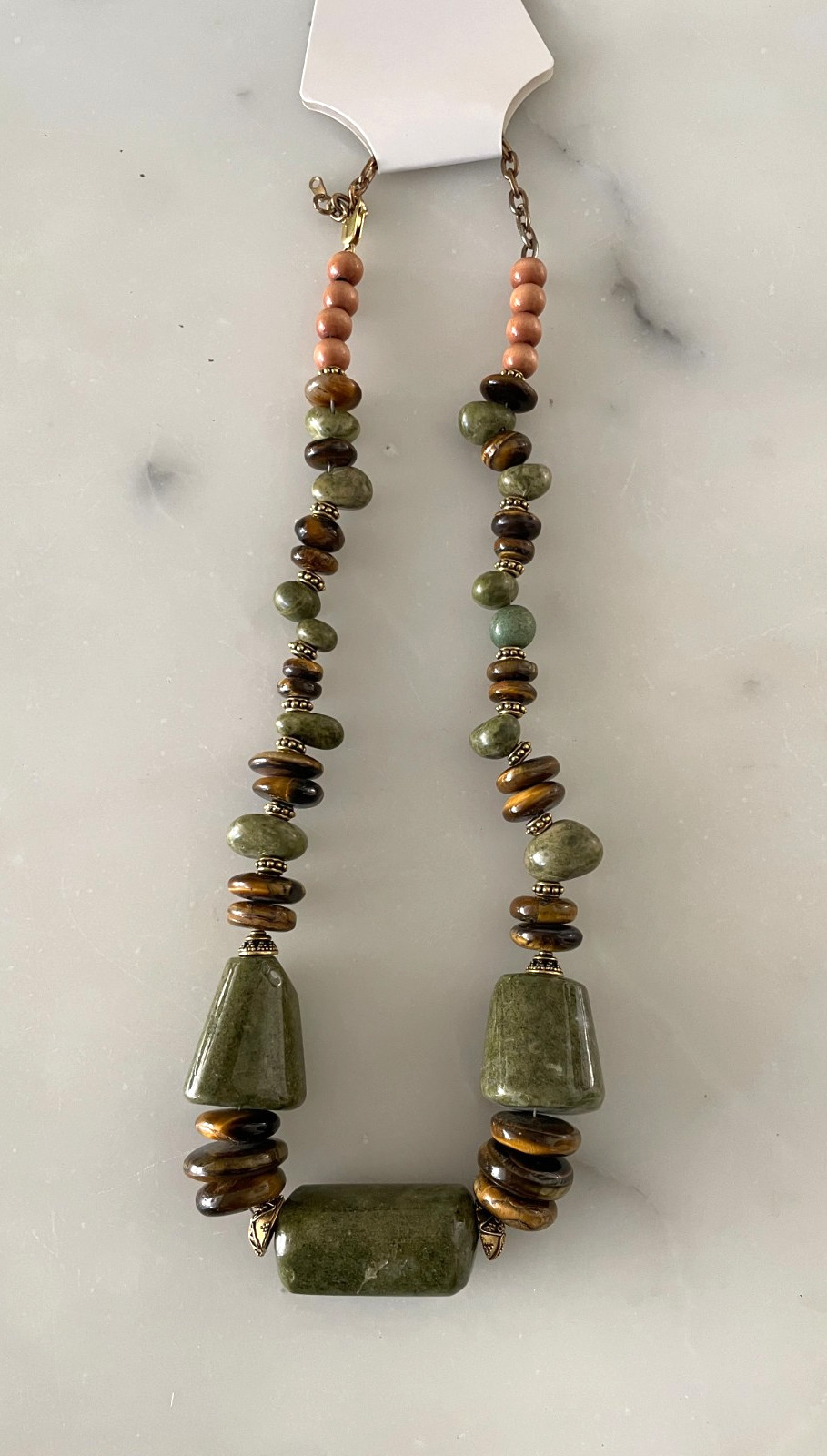 Vintage Nephrite Jade Necklace Nylon String Tigers Eye Filigree Brass Spacers