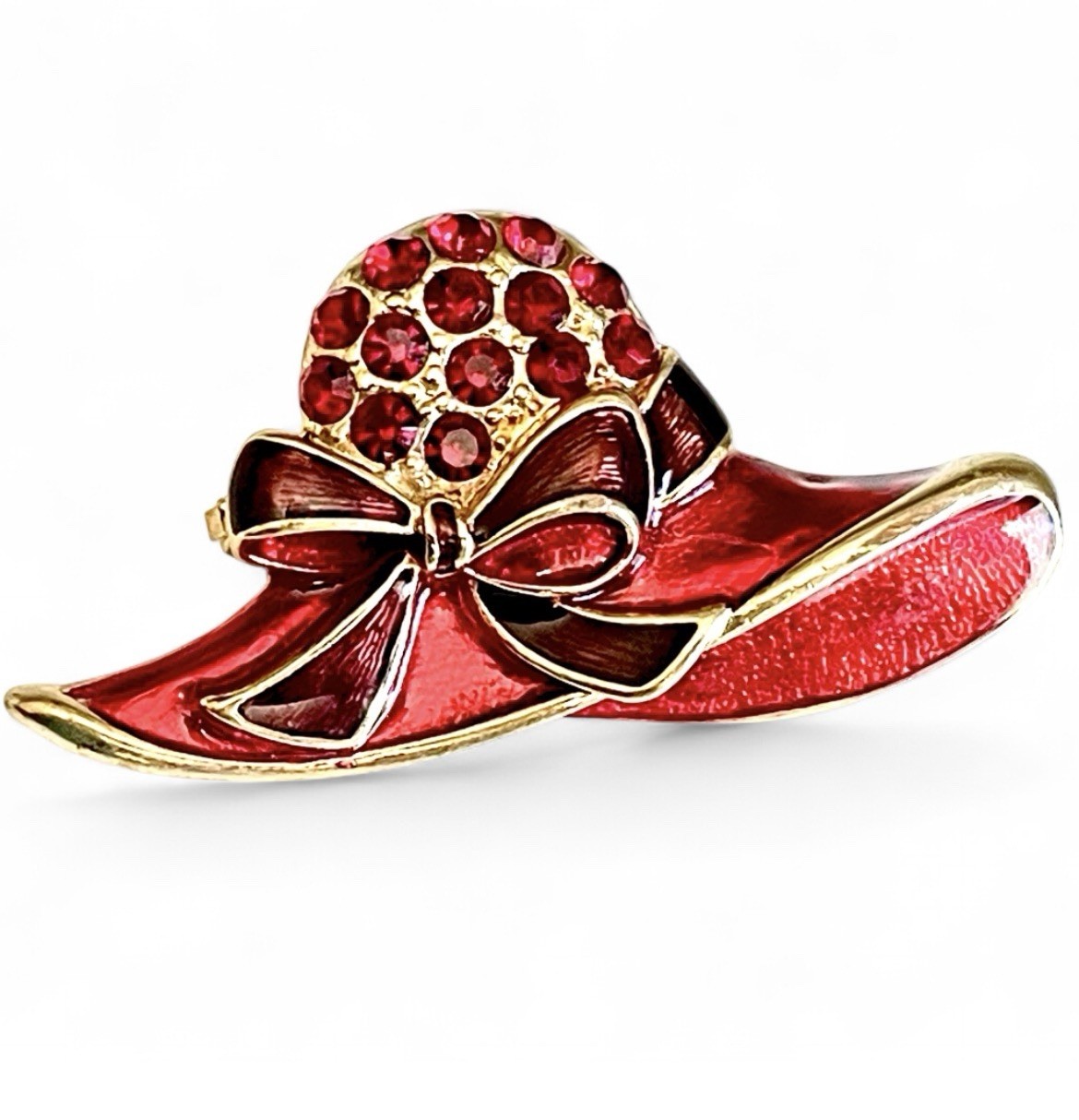 Vintage Red Hat Society Brooch Rhinestone Enamel Gold Hat Pin Fashion Statement