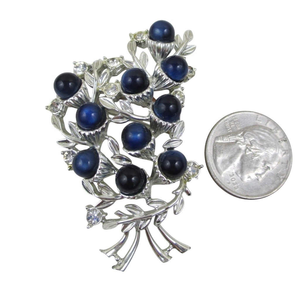 Vintage Floral Berries Bouquet Blue Moonglow Brooch Silver Cabochon Rhinestone