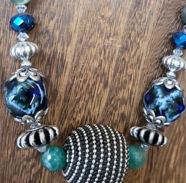 Vtg Multicolored Stone Beaded Silver Tone Necklace Toggle Closure, Free Shipping